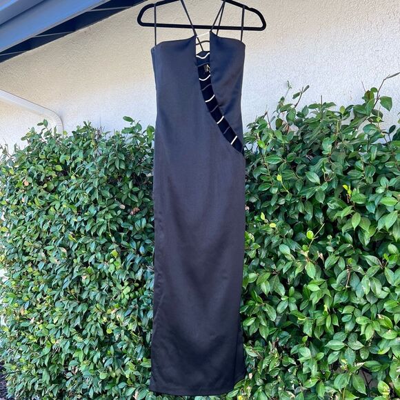 Atria Vintage Cutout Crystals Evening Gown Black Maxi Dress Size Small Excellent - Picture 5 of 8